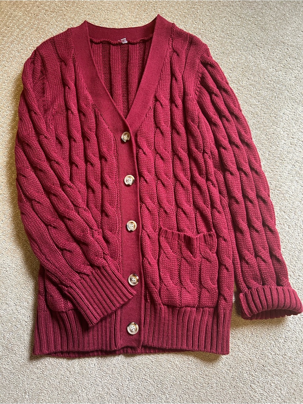 Cable-Knit Button-Front Cardigan Sweater - Wine. Scarfs not included